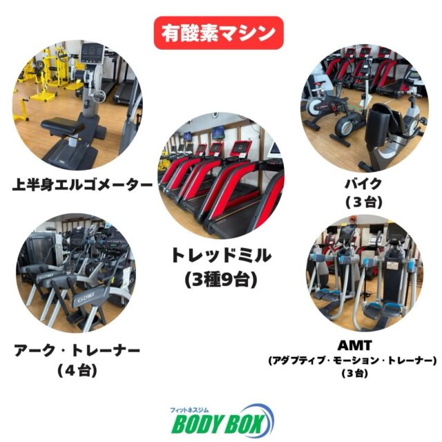 こんにちは🌞
フィットネスジムBODYBOXです！

九州北部は梅雨明けしたみたいですね🥵
エアコンの外気温を見たら37℃になってました。
汗をかくのはいいことですが、涼しいところでも、こまめな水分補給は忘れずにしましょう！🙌

BODYBOXにはたくさんのマシンがありますが、
今日は有酸素マシンのご紹介をします！
有酸素マシンには脂肪燃焼効果、筋持久力向上、運動機能の向上など。
使用の仕方で、様々な効果があります！
そして、幅広い年齢の方が使用できるマシンです👌

珍しいマシンもいくつかあるため、
気になる方は体験、見学お気軽にご連絡ください💁‍♂️